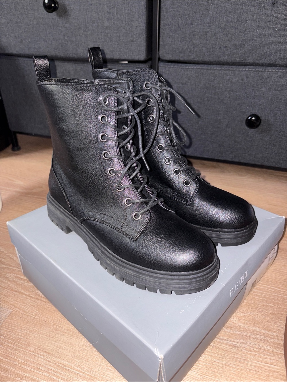 Falls Creek Black Lace-Up Combat Boots for Women